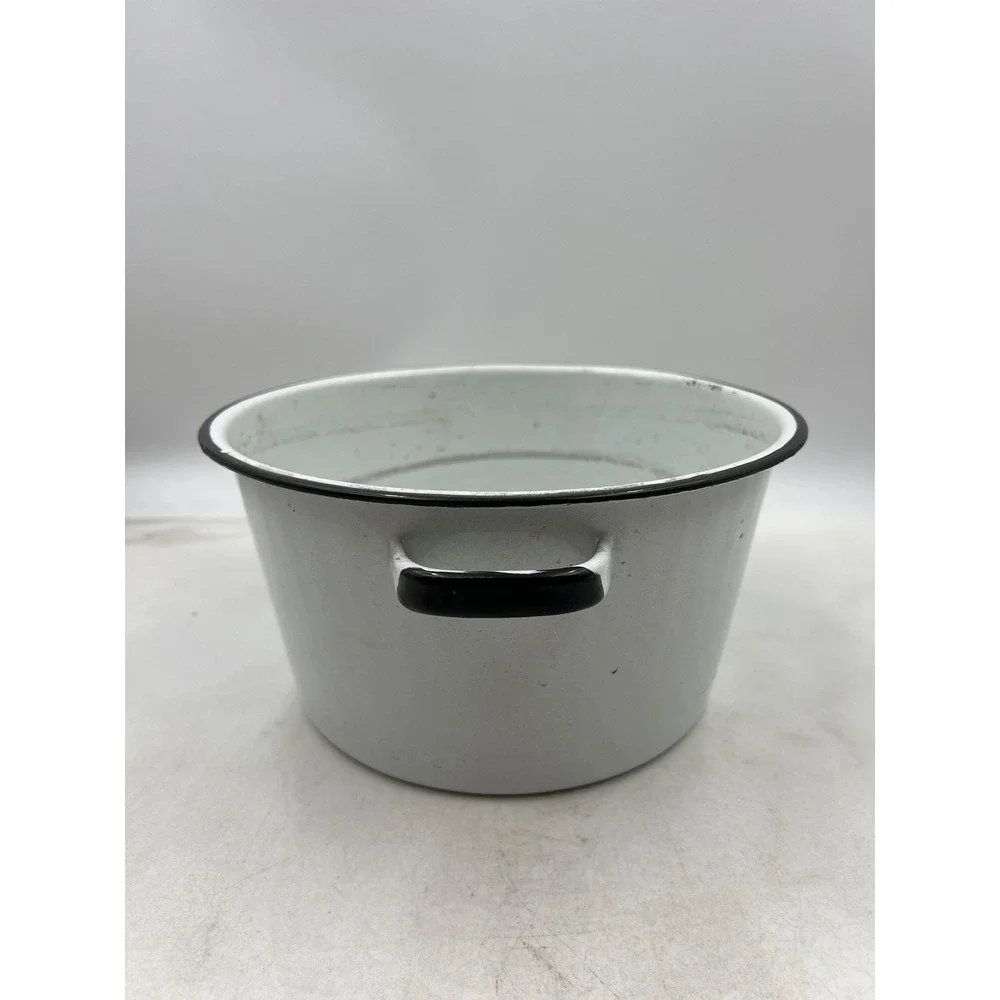 Vintage White Enamelware Stock Pot Black Trim Farmhouse Kitchenware 10 Inch